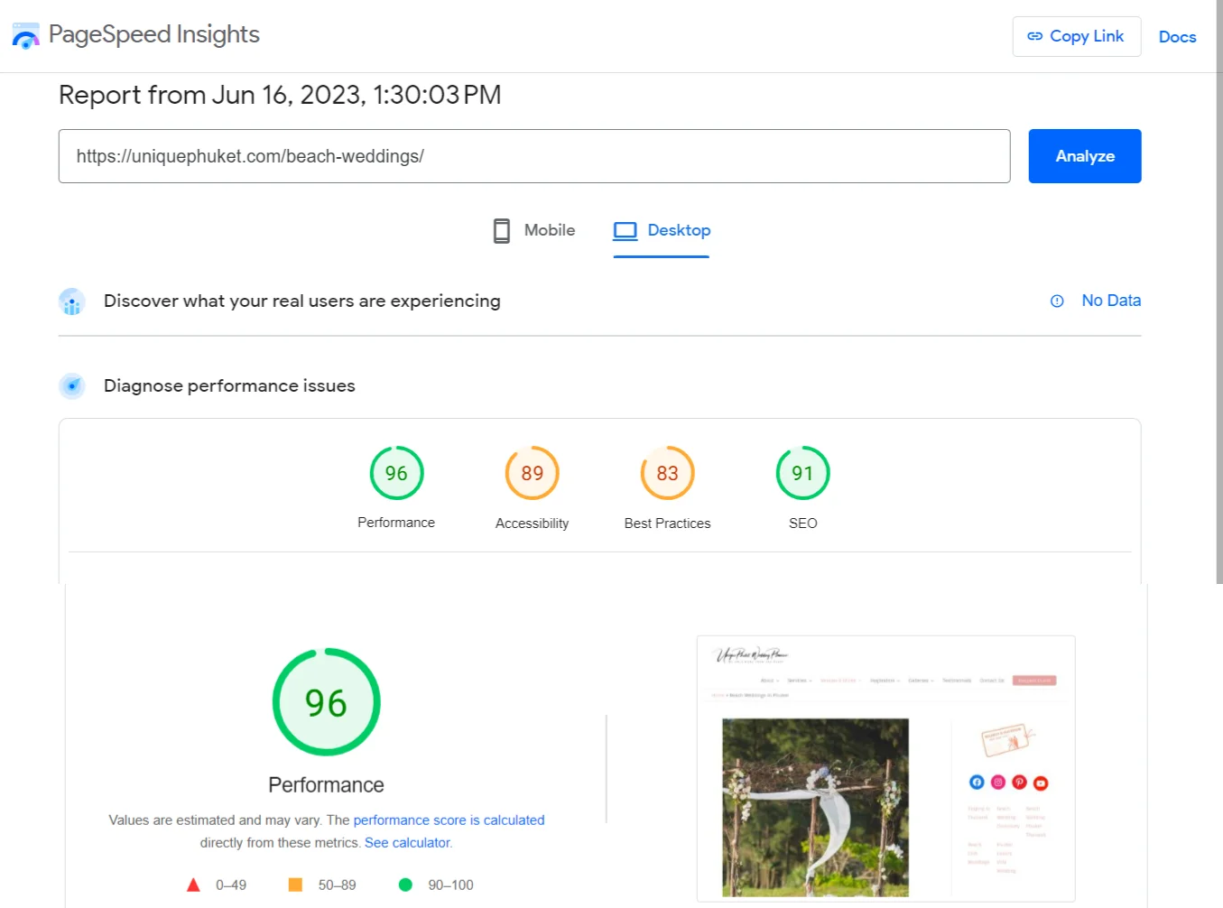 PageSpeed Insights report showing a performance score of 96, accessibility score, best practices score and SEO score.